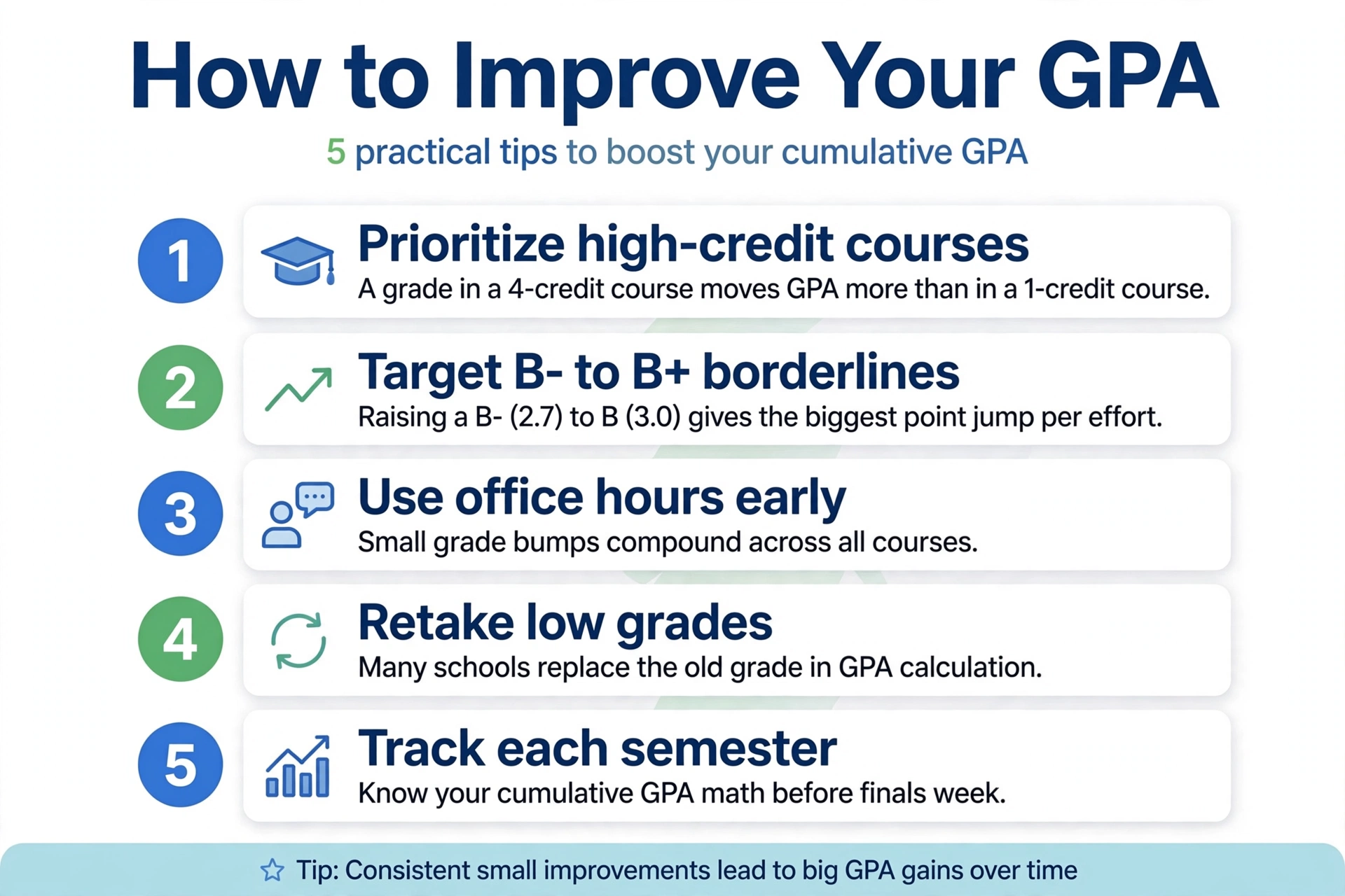 Infographic with 5 numbered tips to improve your GPA: prioritize high-credit courses, target borderlines, use office hours, retake low grades, track each semester
