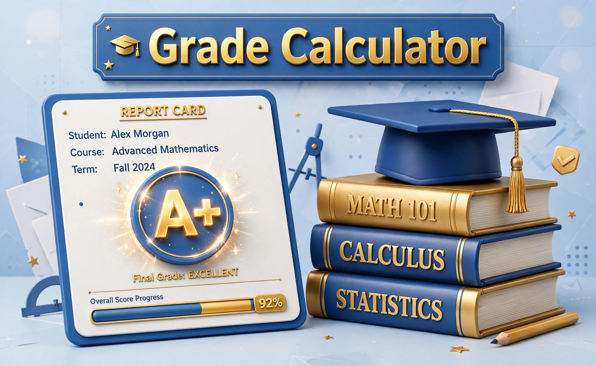 3D-style academic illustration of a report card with a glowing A+ grade, stacked books, a graduation cap and a 92% progress bar, with Grade Calculator text