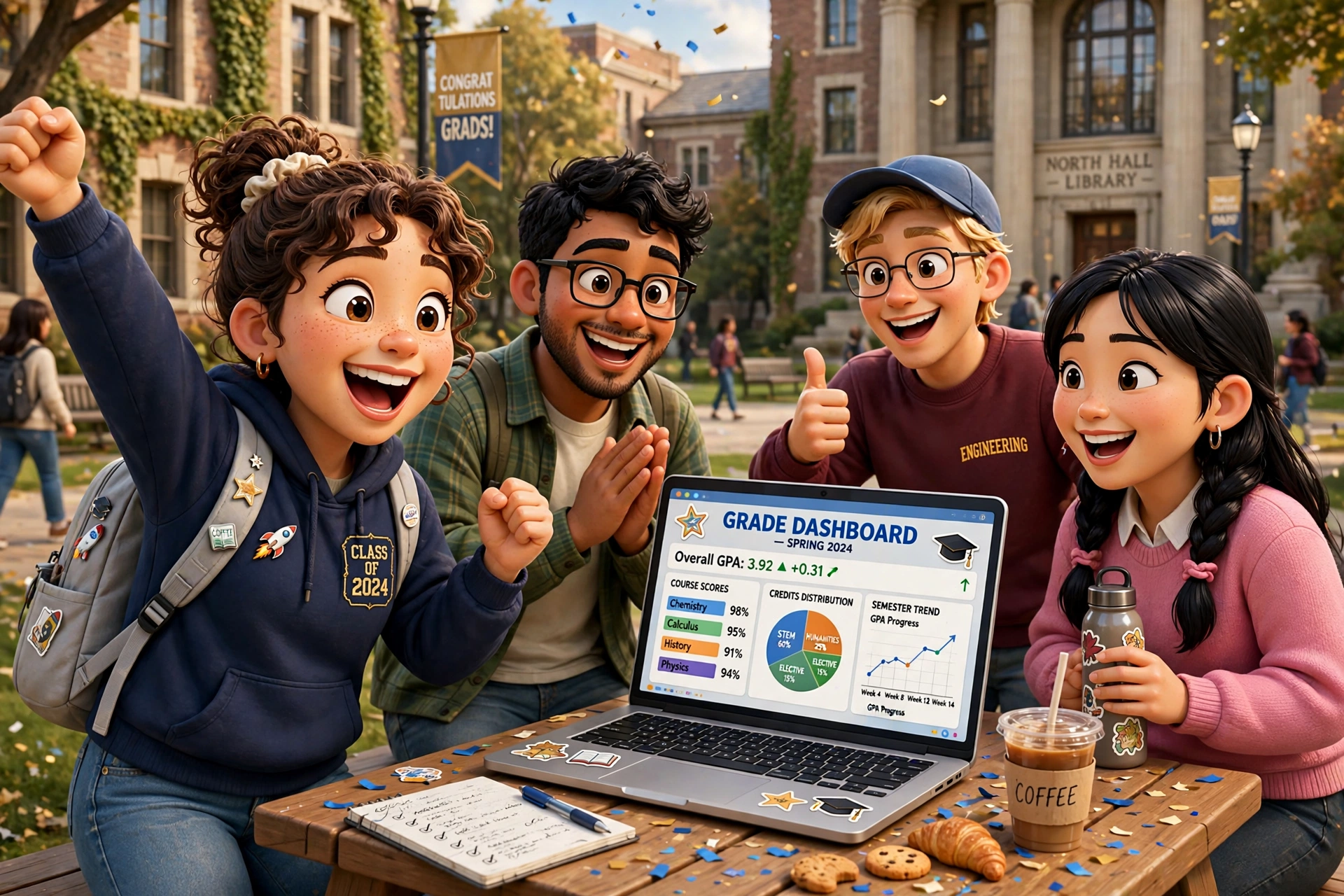 3D scene of a happy student celebrating with classmates beside a laptop showing a grade dashboard