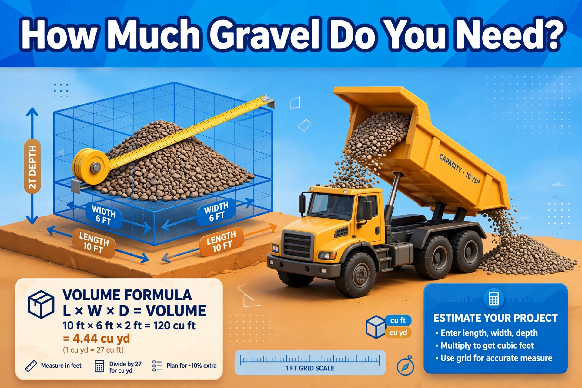 3D hero illustration asking how much gravel you need: a measuring tape over a gravel pile inside a volume grid, a dump truck unloading gravel, and the formula length times width times depth equals volume
