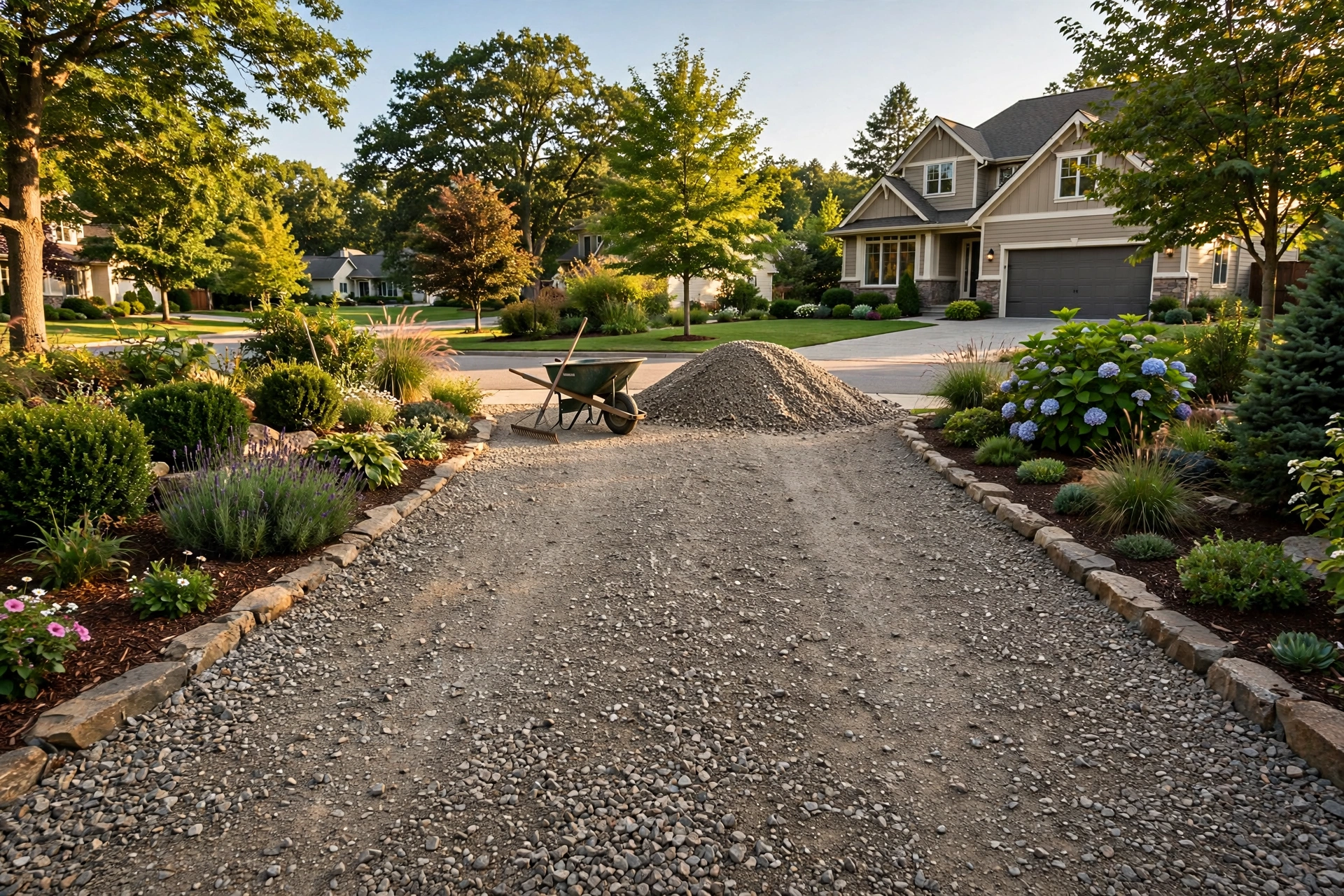 A fresh gravel driveway with a neat pile of crushed gravel, a wheelbarrow and rake, and landscaped garden beds on the sides