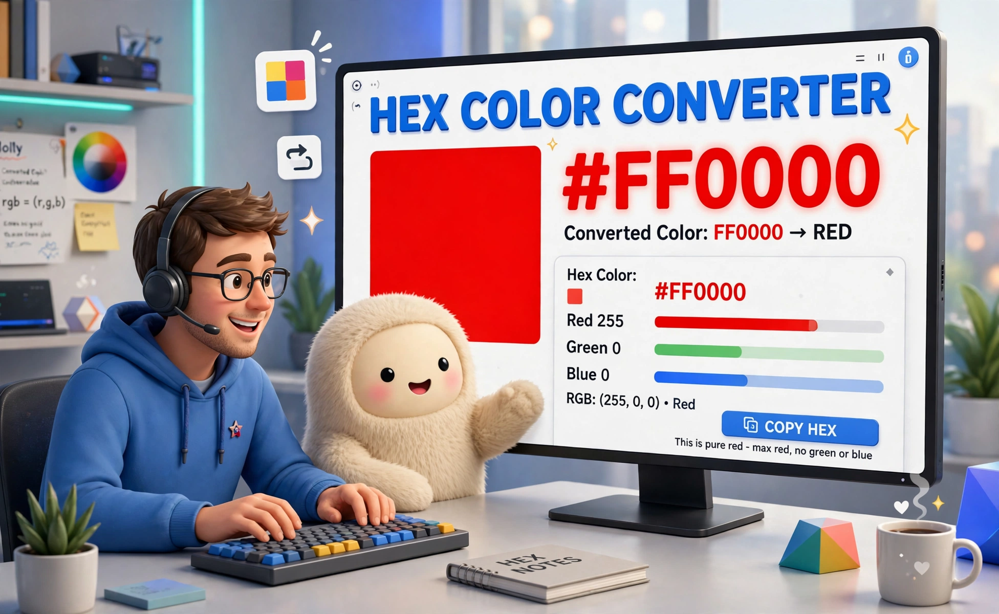 Hex converter second hero: a programmer converting color code FF0000 to red on a large screen