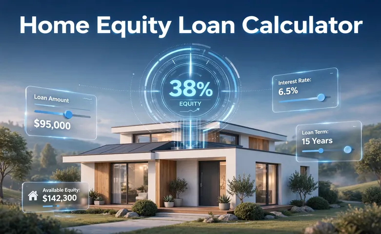 3D illustration of a house with a glowing equity gauge and interactive loan sliders, labeled Home Equity Loan Calculator