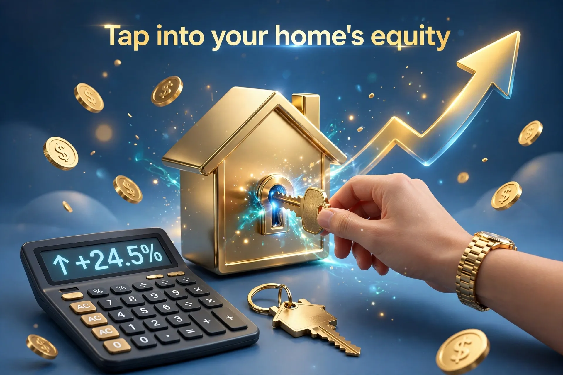 3D render of a hand turning a key in a house-shaped lock beside a calculator, symbolizing tapping into home equity