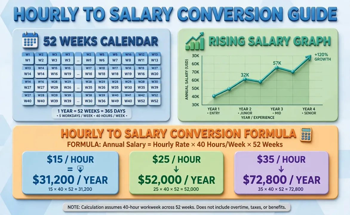 Hourly to salary second hero: 3D calendar with 52 weeks and a rising salary graph