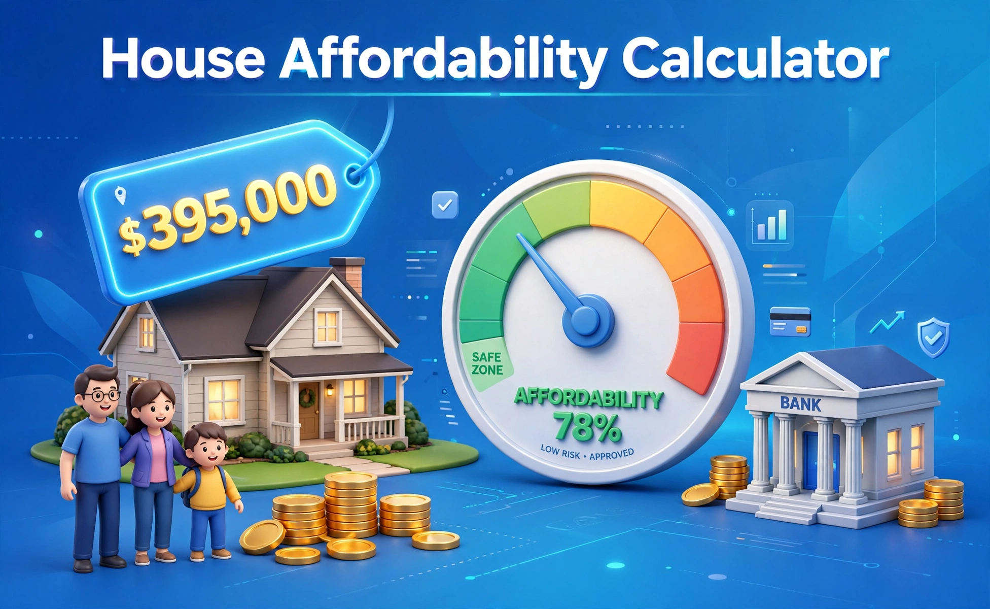 3D illustration of a house with a price tag, an affordability gauge meter in the safe zone, a family, coins and a bank
