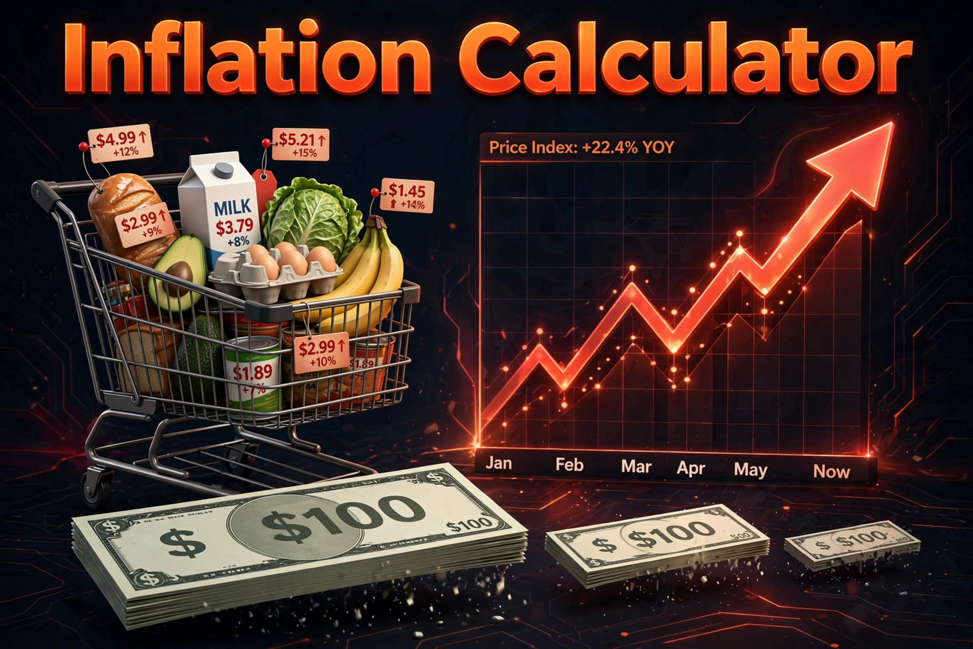3D-style illustration of a shopping cart full of groceries with rising price tags, a red upward arrow chart and shrinking dollar bills, with Inflation Calculator text