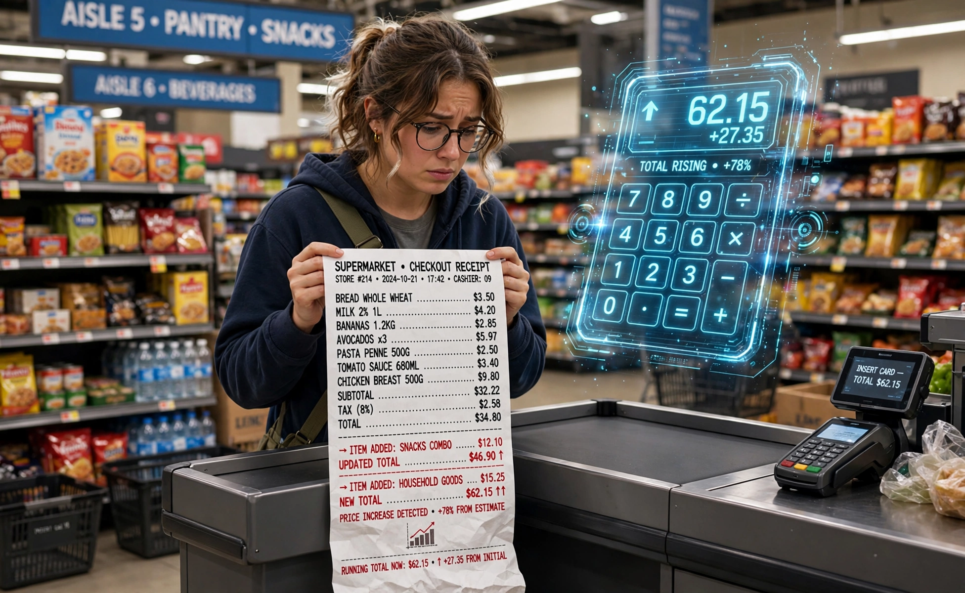 3D scene of a shopper at a grocery checkout holding a long receipt with rising totals and a floating calculator hologram