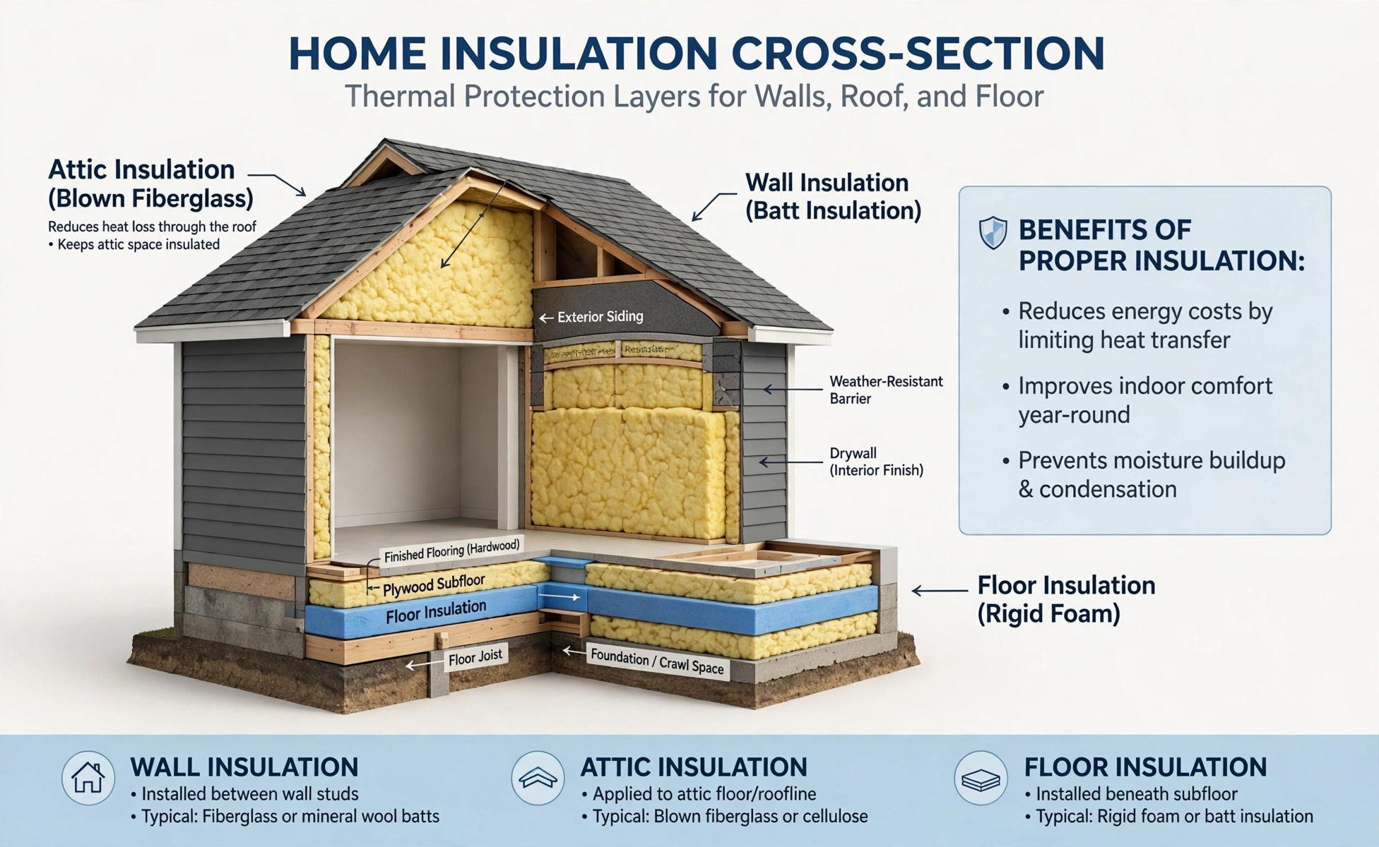 Insulation hero: house cross-section with insulation layers labeled
