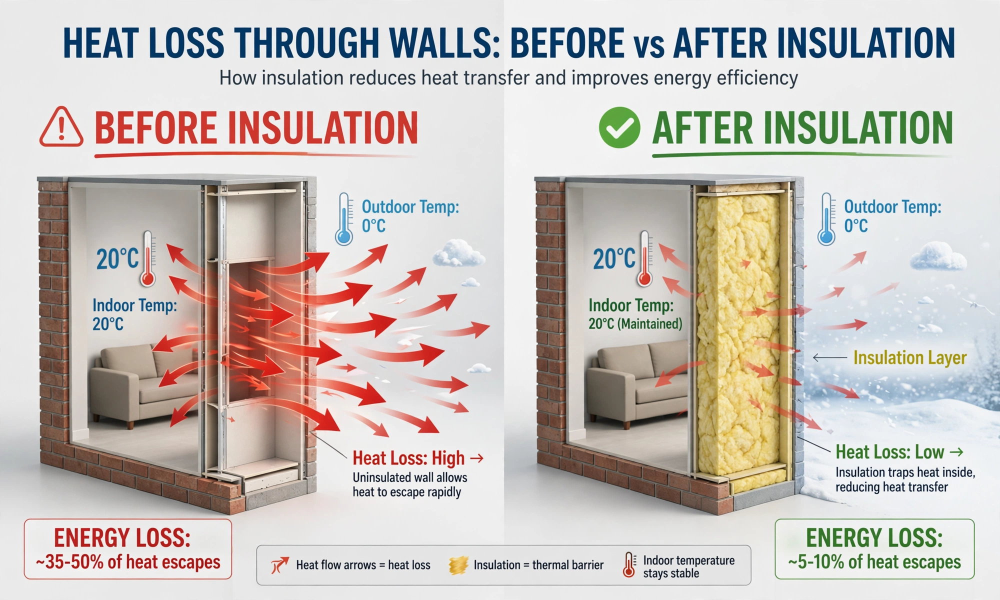 Insulation second hero: heat loss through walls before and after insulation