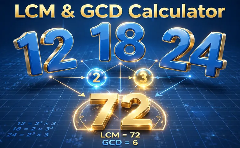3D illustration of the numbers 12, 18 and 24 converging through prime factors to LCM 72, labeled LCM and GCD Calculator