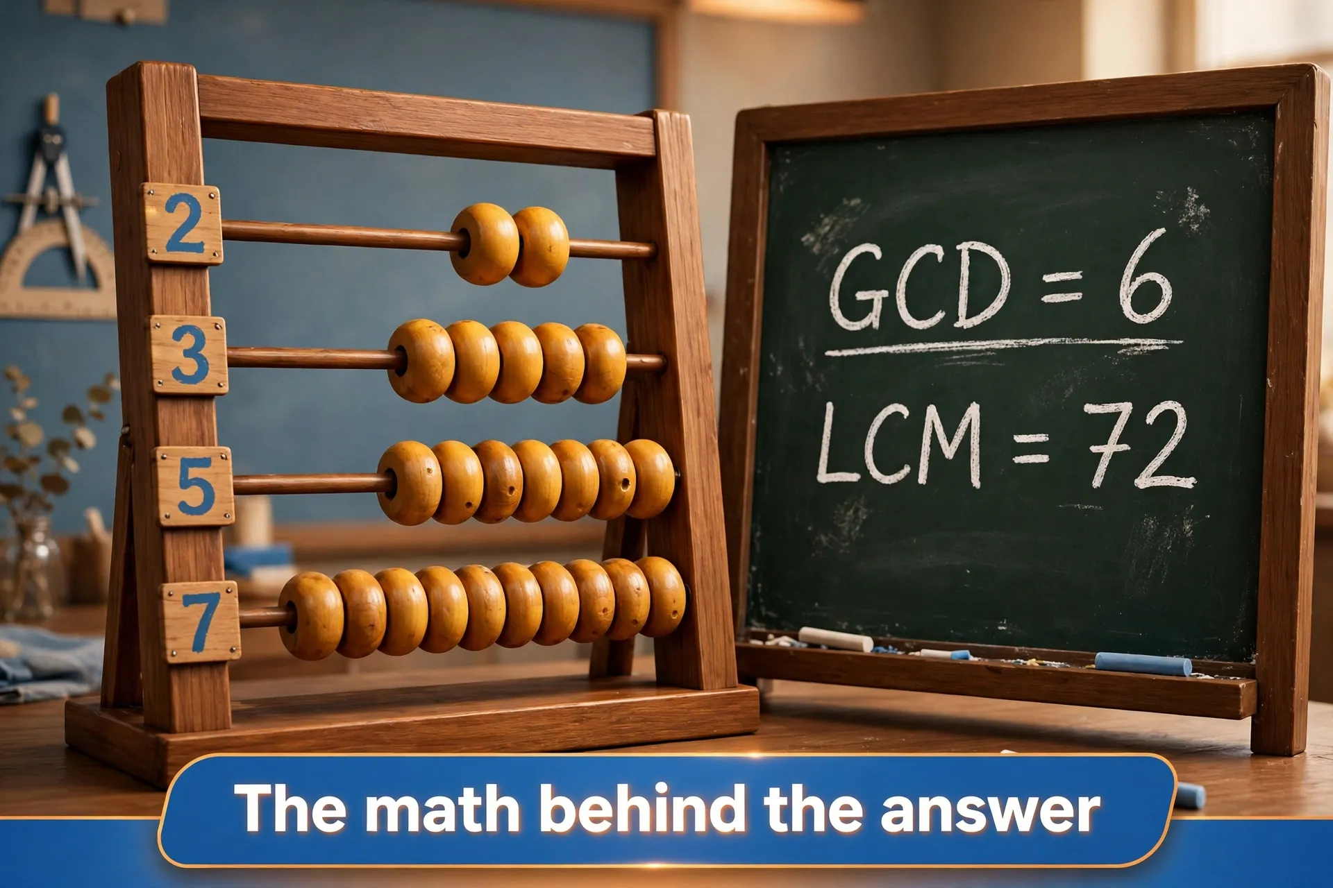 3D render of an abacus and chalkboard showing GCD equals 6 and LCM equals 72