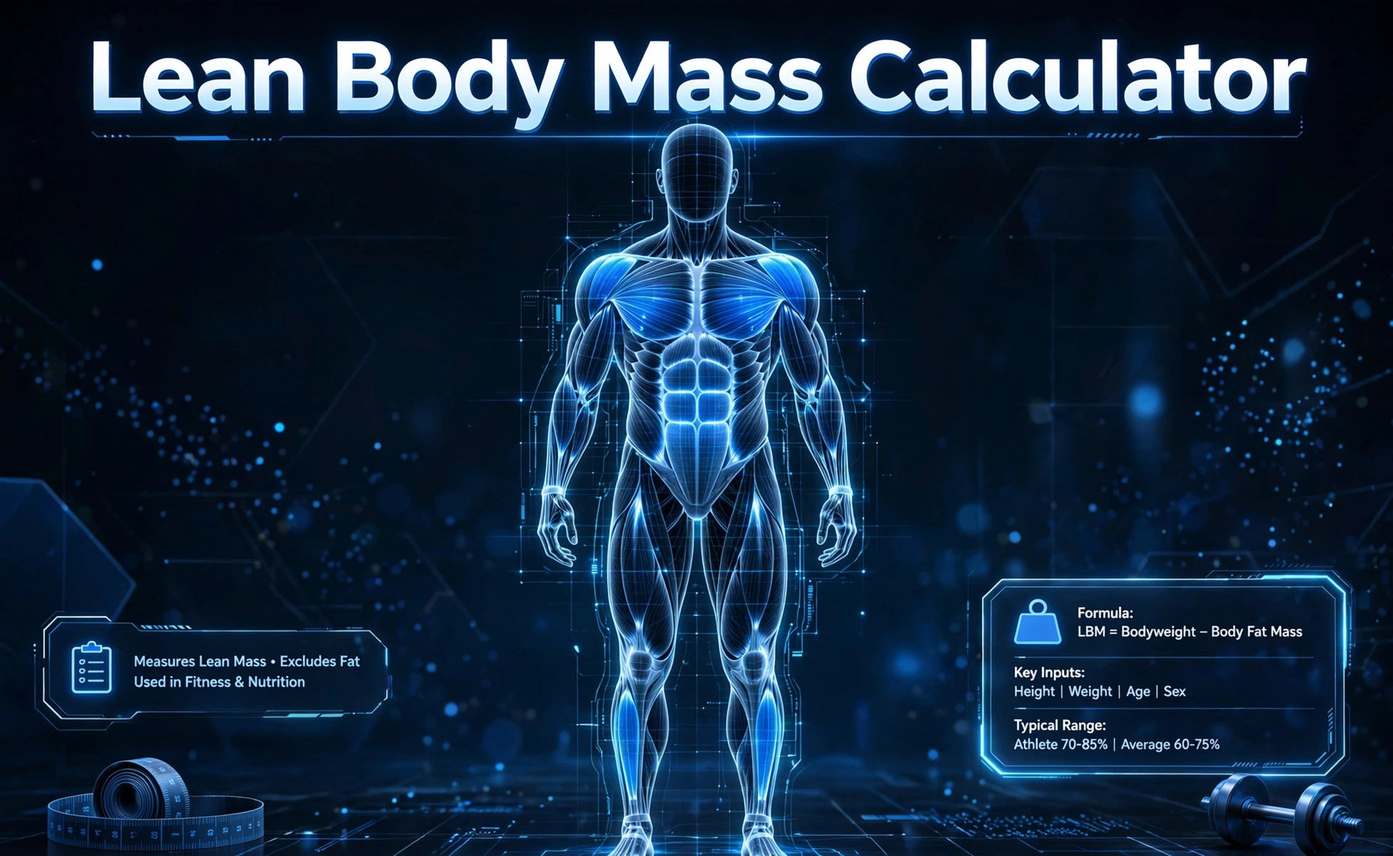 3D-style hero illustration of a human body silhouette with muscles highlighted in glowing blue and Lean Body Mass Calculator text