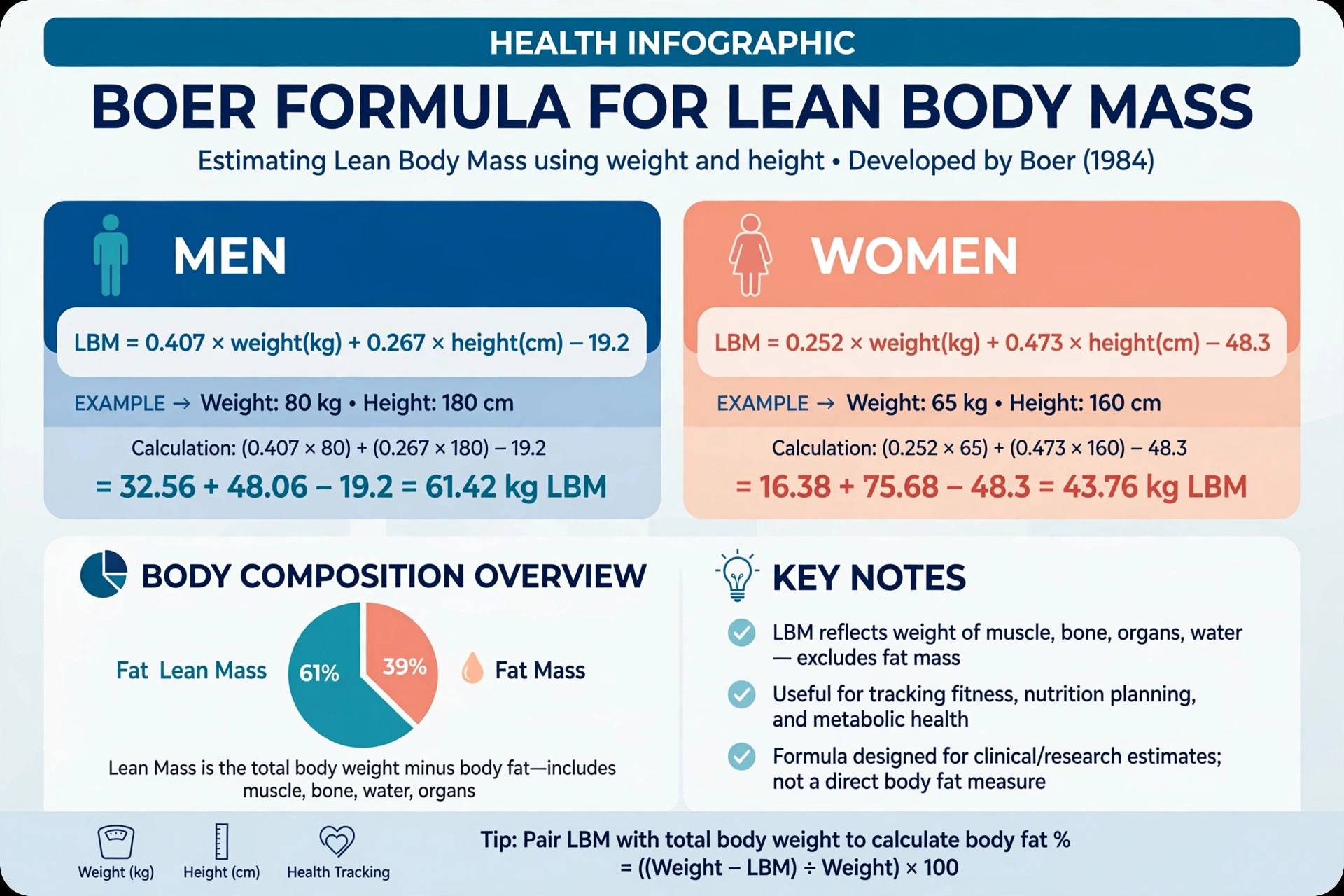 Health infographic showing the Boer formula for lean body mass for men and women, with a body composition pie chart of fat versus lean mass