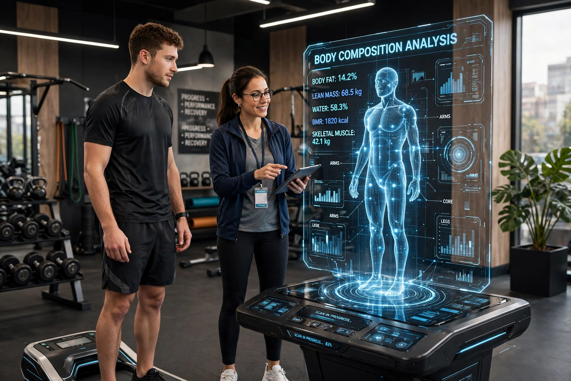 3D scene of an athlete measuring body composition with a trainer beside a holographic body scan display in a modern gym