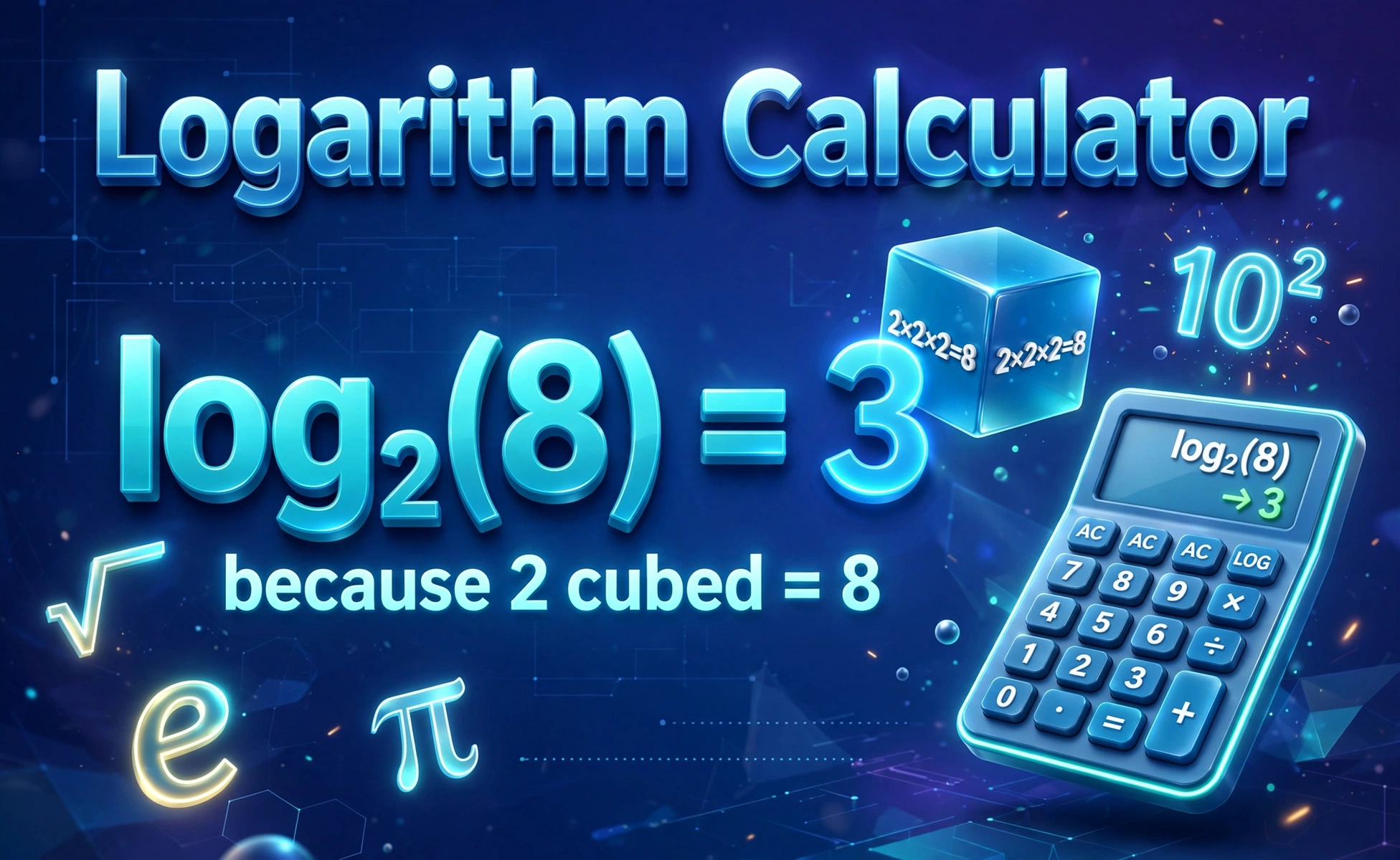 3D hero illustration for the logarithm calculator showing log base 2 of 8 equals 3 because 2 cubed equals 8
