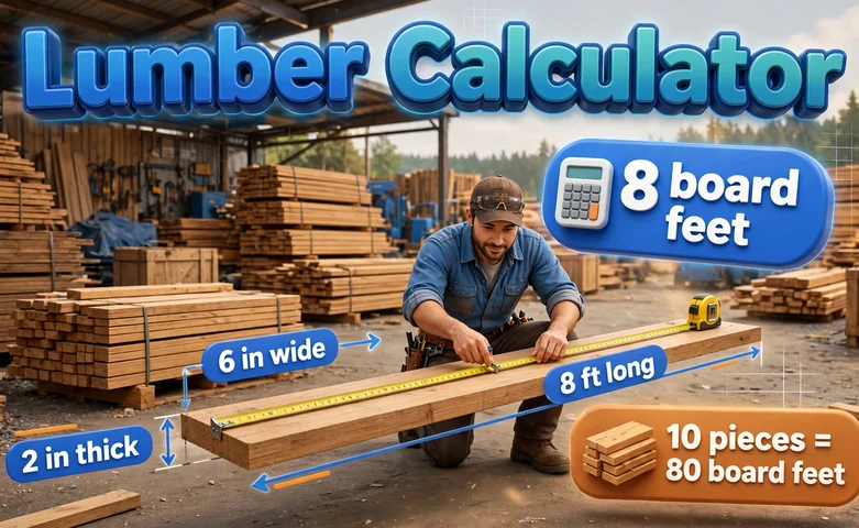 3D-style hero illustration of a carpenter measuring a 2 by 6 board in a lumber yard, Lumber Calculator text, an 8 board feet badge and a 10 pieces equals 80 board feet badge with dimension labels