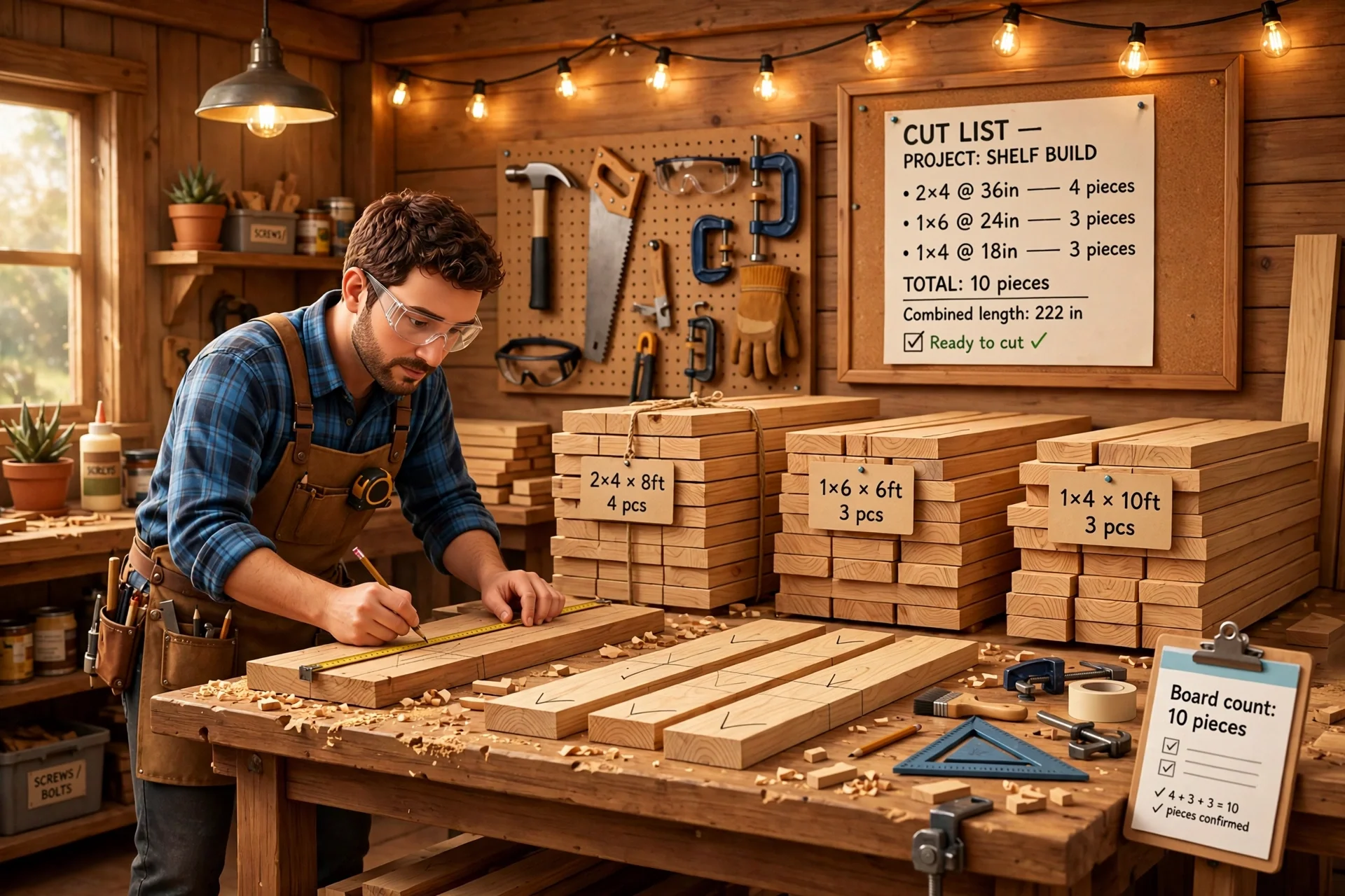 3D illustration of a woodworker measuring and marking lumber boards on a workshop workbench with size-labeled stacks