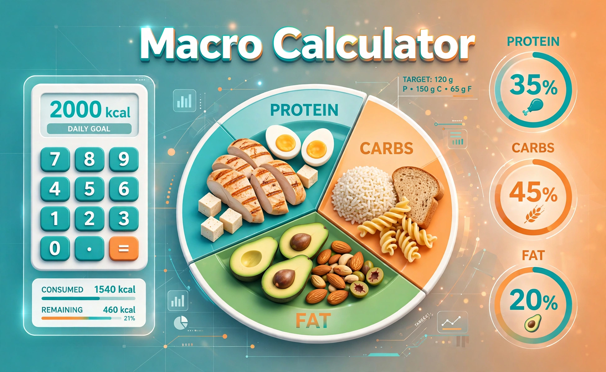 3D illustration of a macro calculator showing a balanced plate divided into protein, carbs and fat sections with percentage rings
