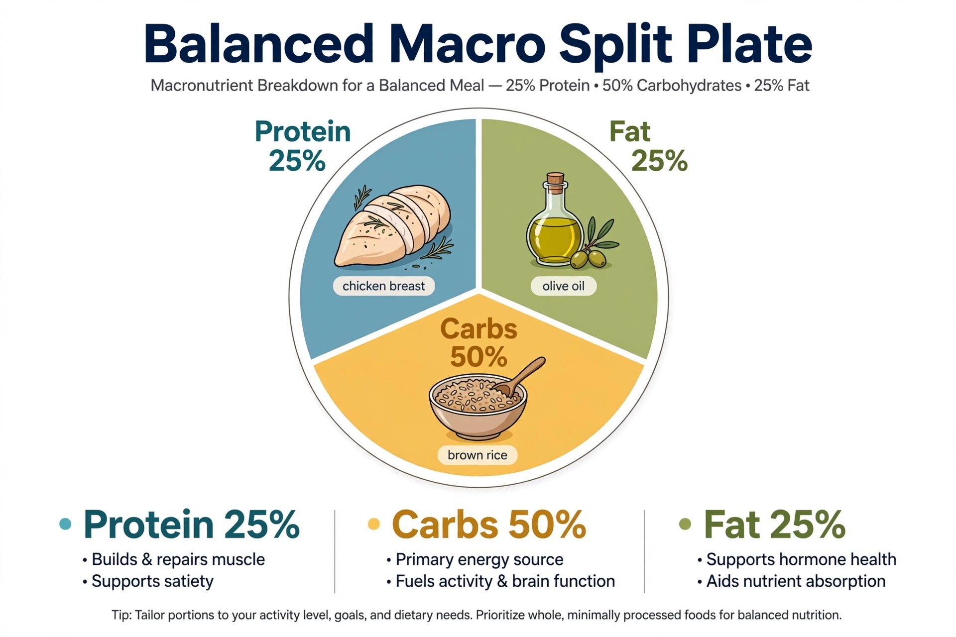 Diagram of a balanced macro split plate showing protein 25 percent, carbs 50 percent and fat 25 percent with example foods