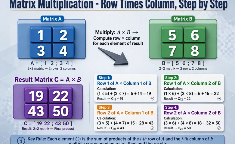 Matrix multiplication diagram showing row times column steps for A = 1,2; 3,4 and B = 5,6; 7,8 leading to result 19,22; 43,50