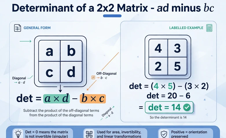 Determinant formula diagram for a 2x2 matrix showing det equals a times d minus b times c with a labelled example matrix