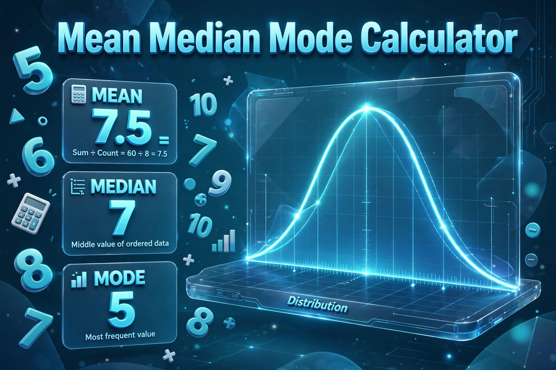 3D-style hero illustration of floating numbers and a glowing bell curve chart with Mean Median Mode Calculator text