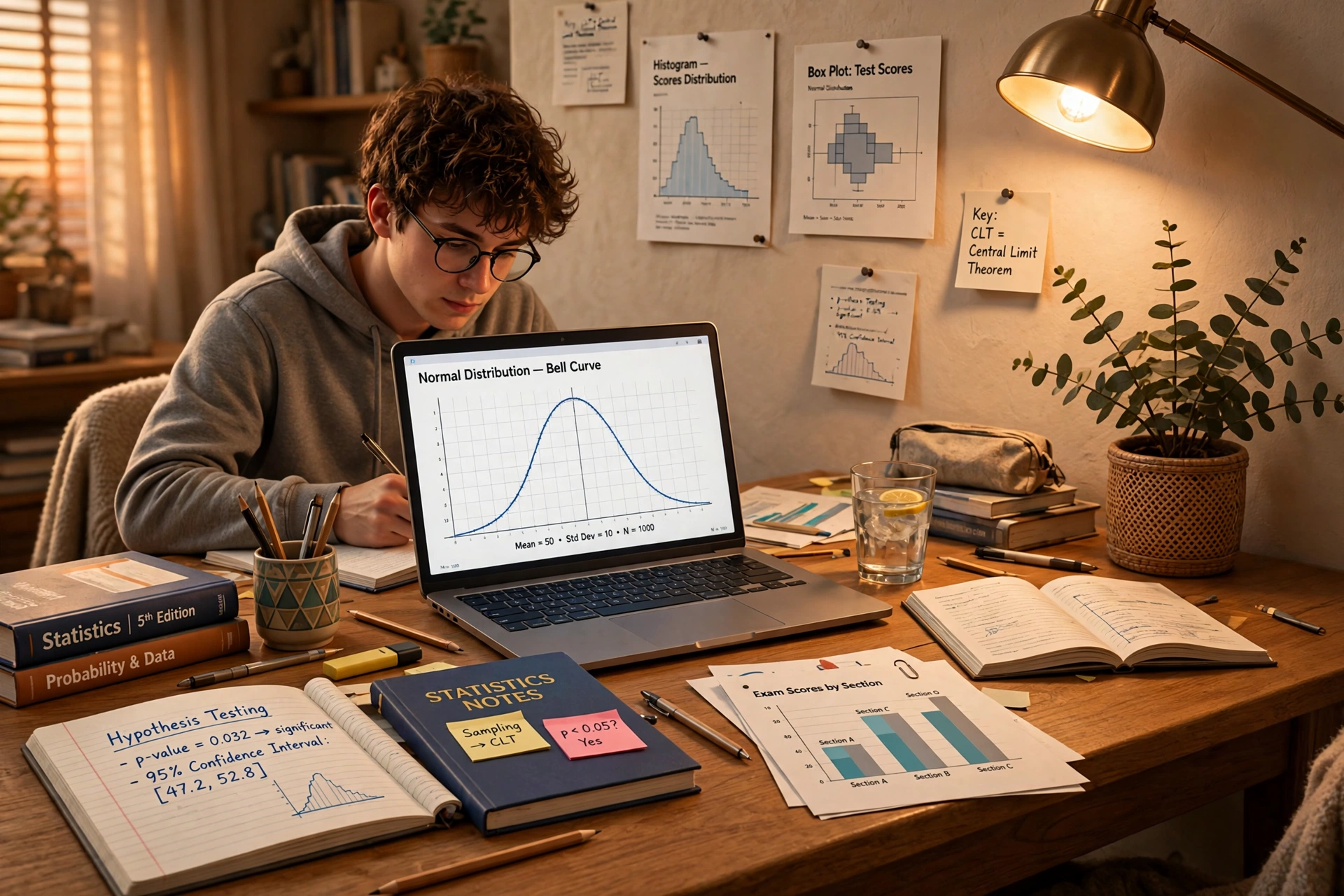 3D scene of a student at a study desk with statistics charts, a laptop showing a bell curve and notebooks