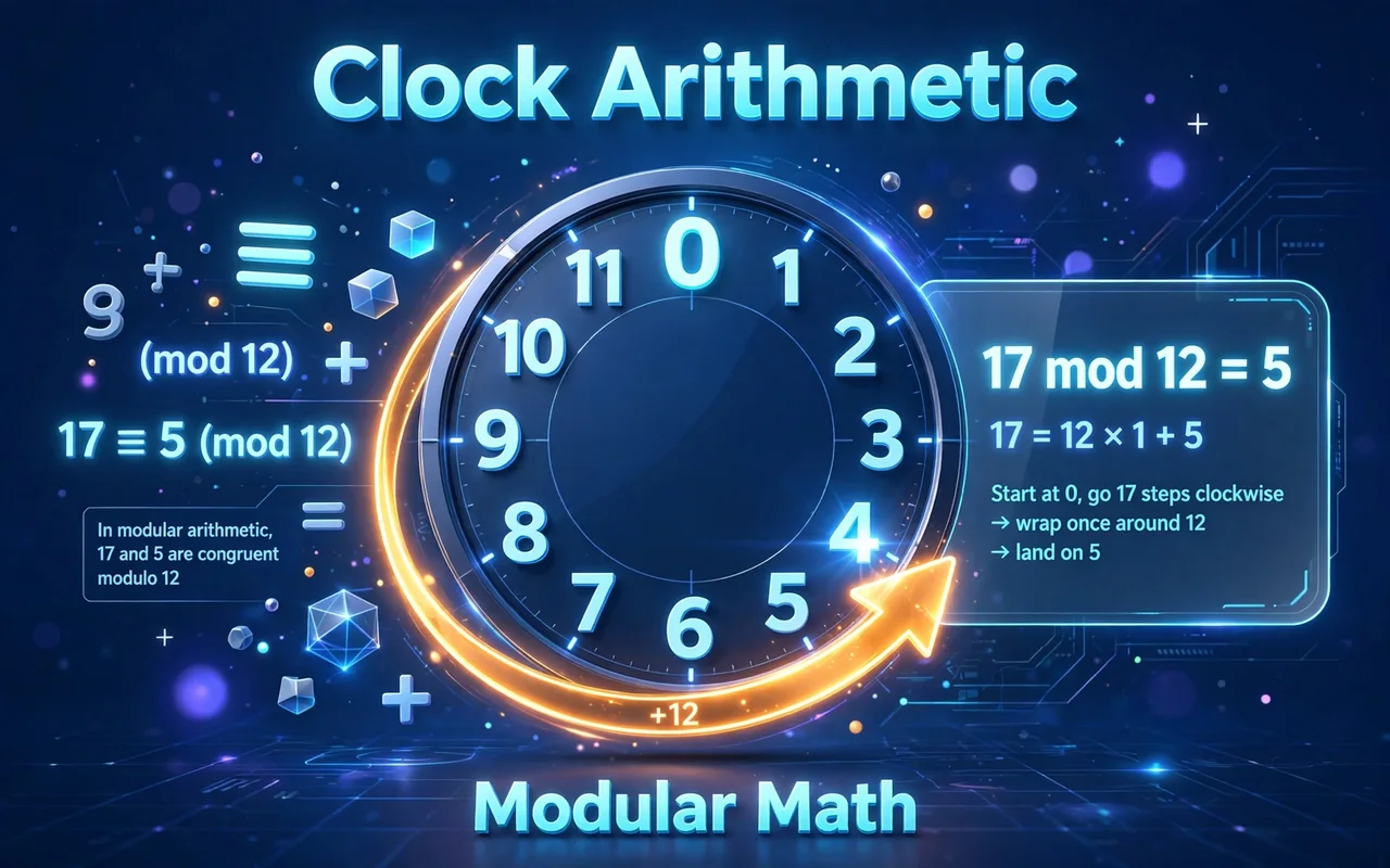 Modulo second hero: clock arithmetic circle showing 17 mod 12 equals 5