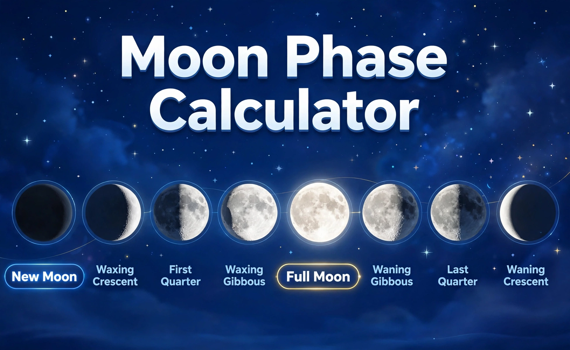 Moon phase calculator hero: the eight moon phases from new moon to full moon to waning crescent, labeled New Moon and Full Moon