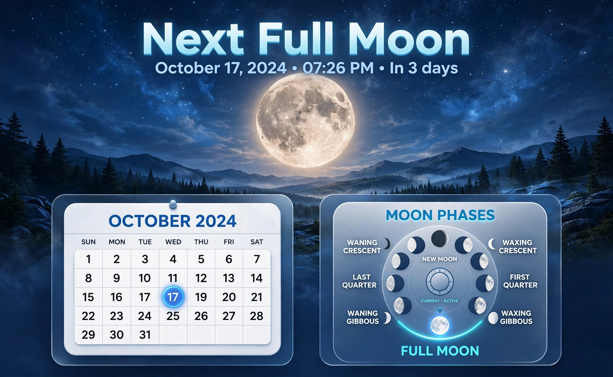 Moon phase next full moon illustration: a large glowing full moon over a night landscape with a calendar and a labeled eight-phase dial