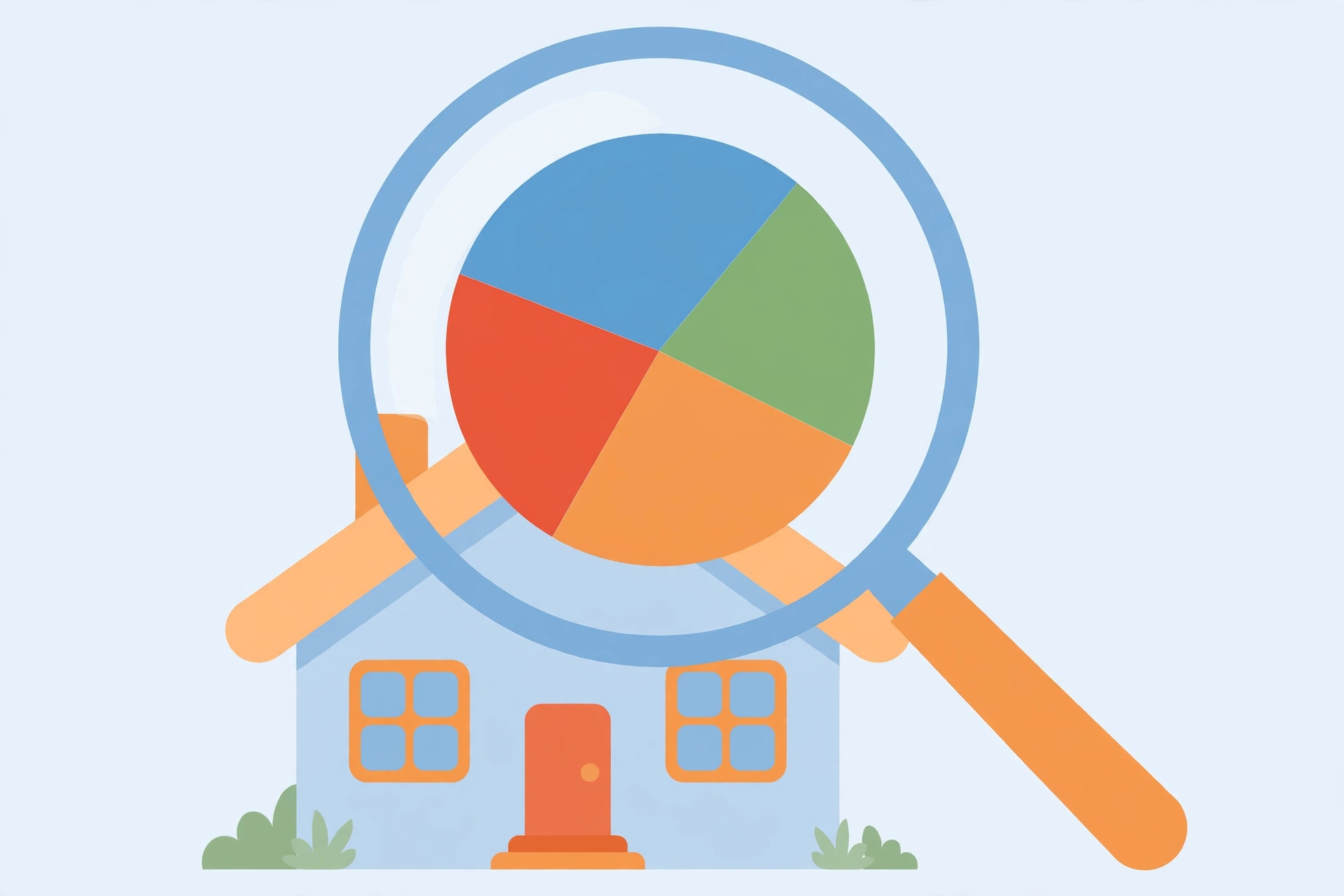 Illustration of a house with a magnifying glass revealing a pie chart of mortgage payment components
