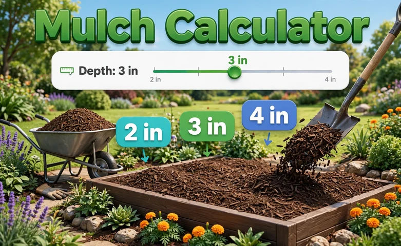 3D garden bed with dark wood mulch, wheelbarrow, floating 2 in 3 in and 4 in depth labels, and Mulch Calculator title