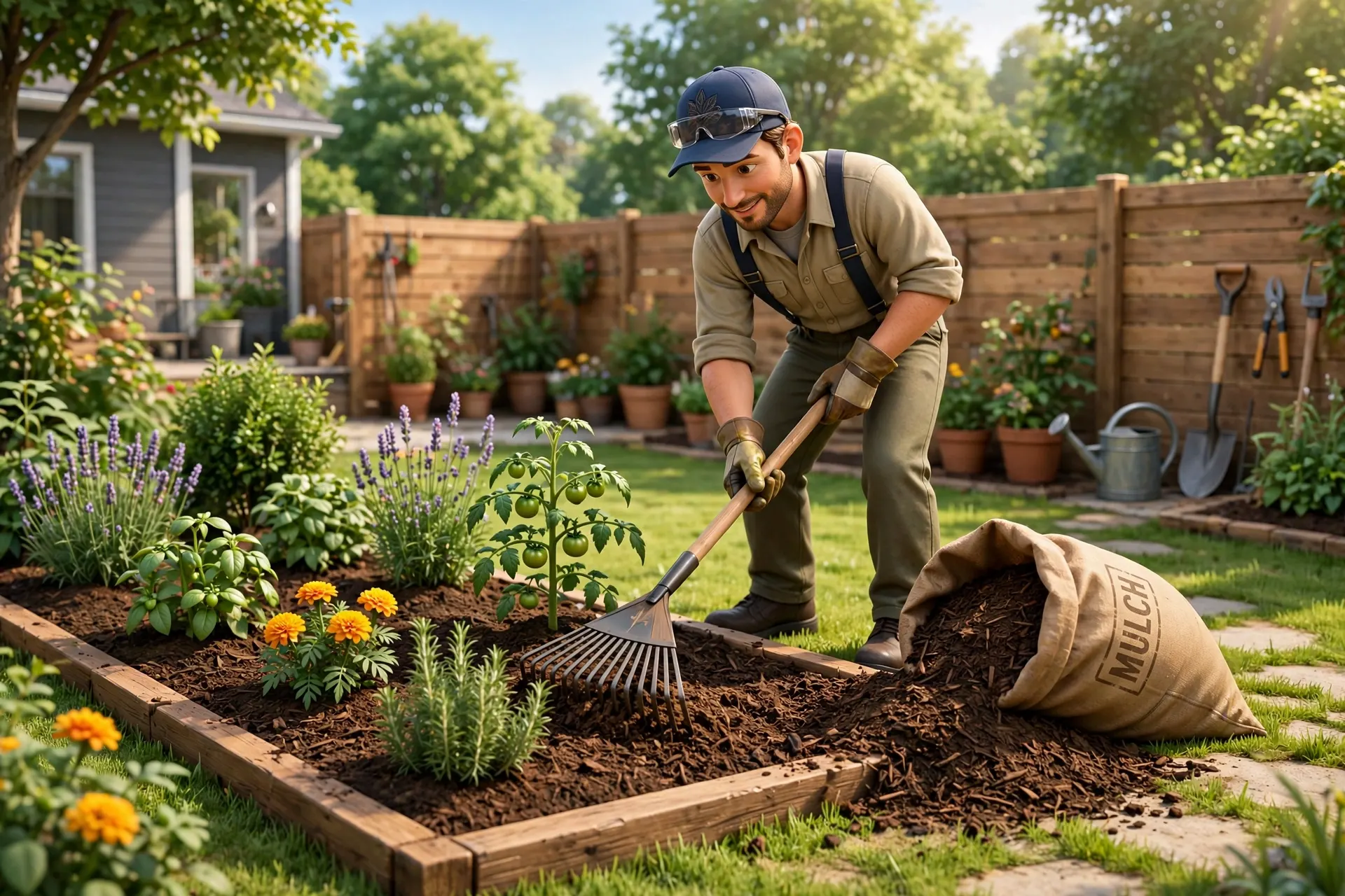 Landscaper spreading mulch around garden plants with a rake next to an open mulch bag