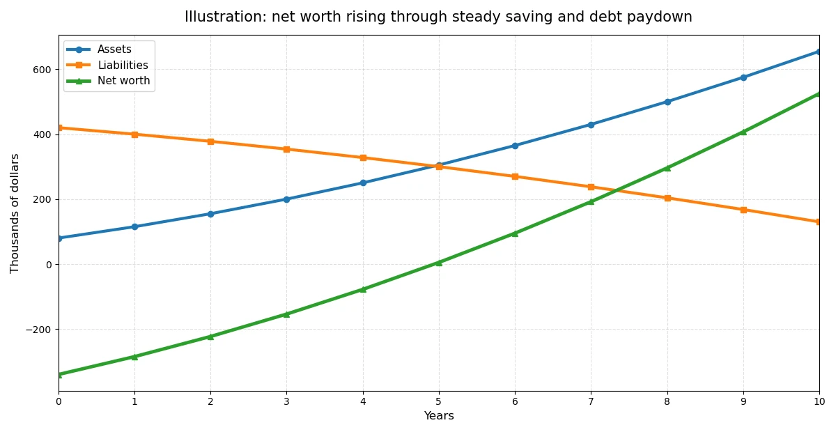 Illustrative line chart showing assets rising, liabilities falling, and net worth climbing over ten years of steady saving and debt paydown