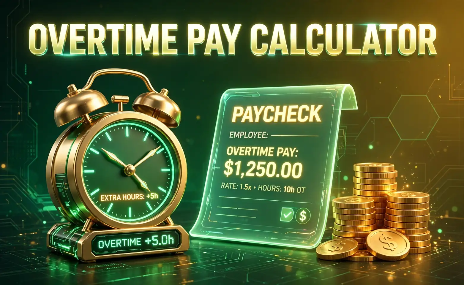 Overtime pay hero: 3D alarm clock beside a glowing paycheck and coins
