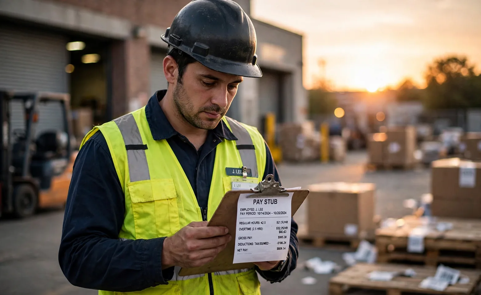 Overtime pay second hero: worker checking a pay stub after a long shift