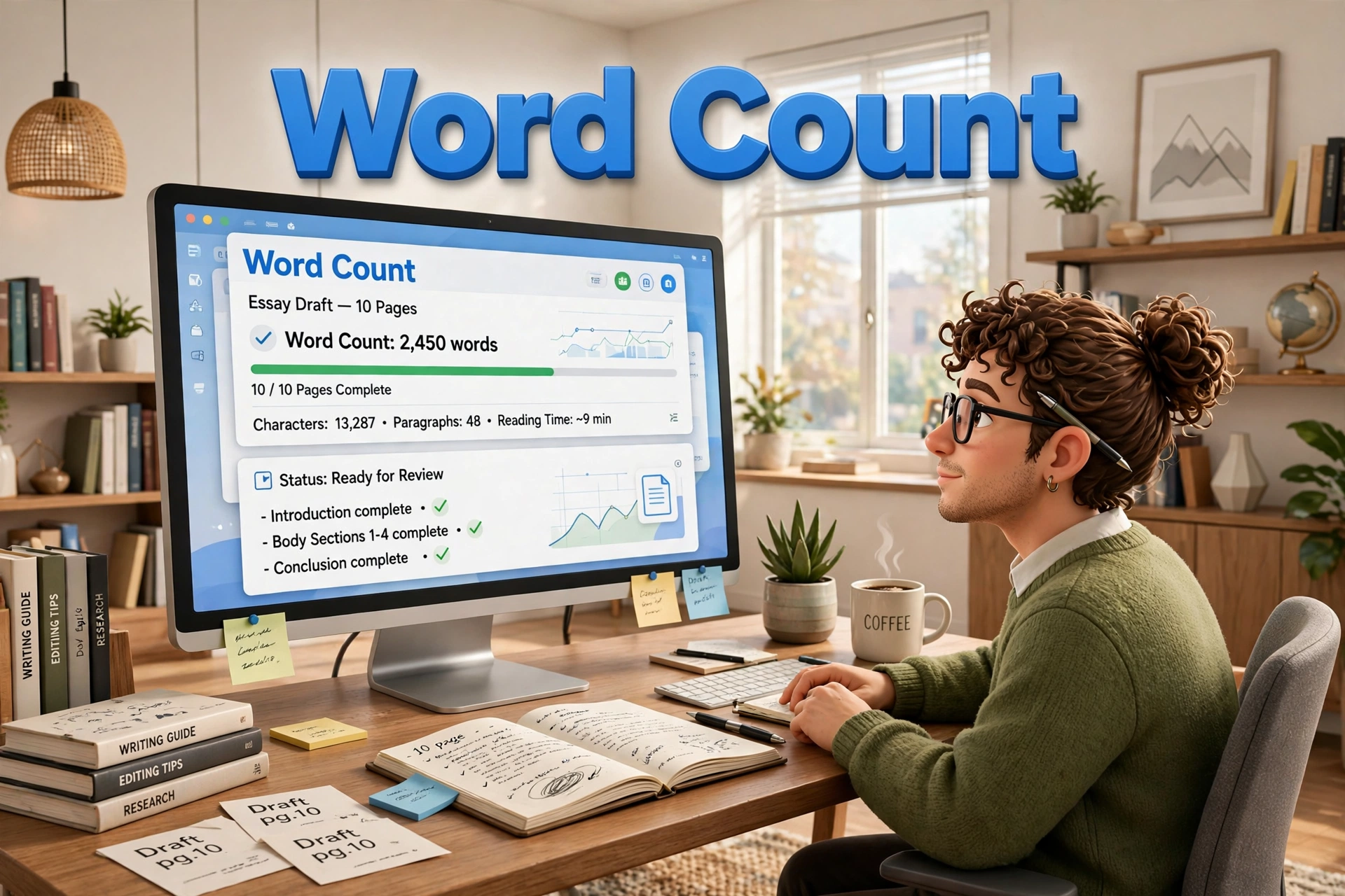 Pages to words converter second hero: a writer checking a 10 page essay word count on a large screen