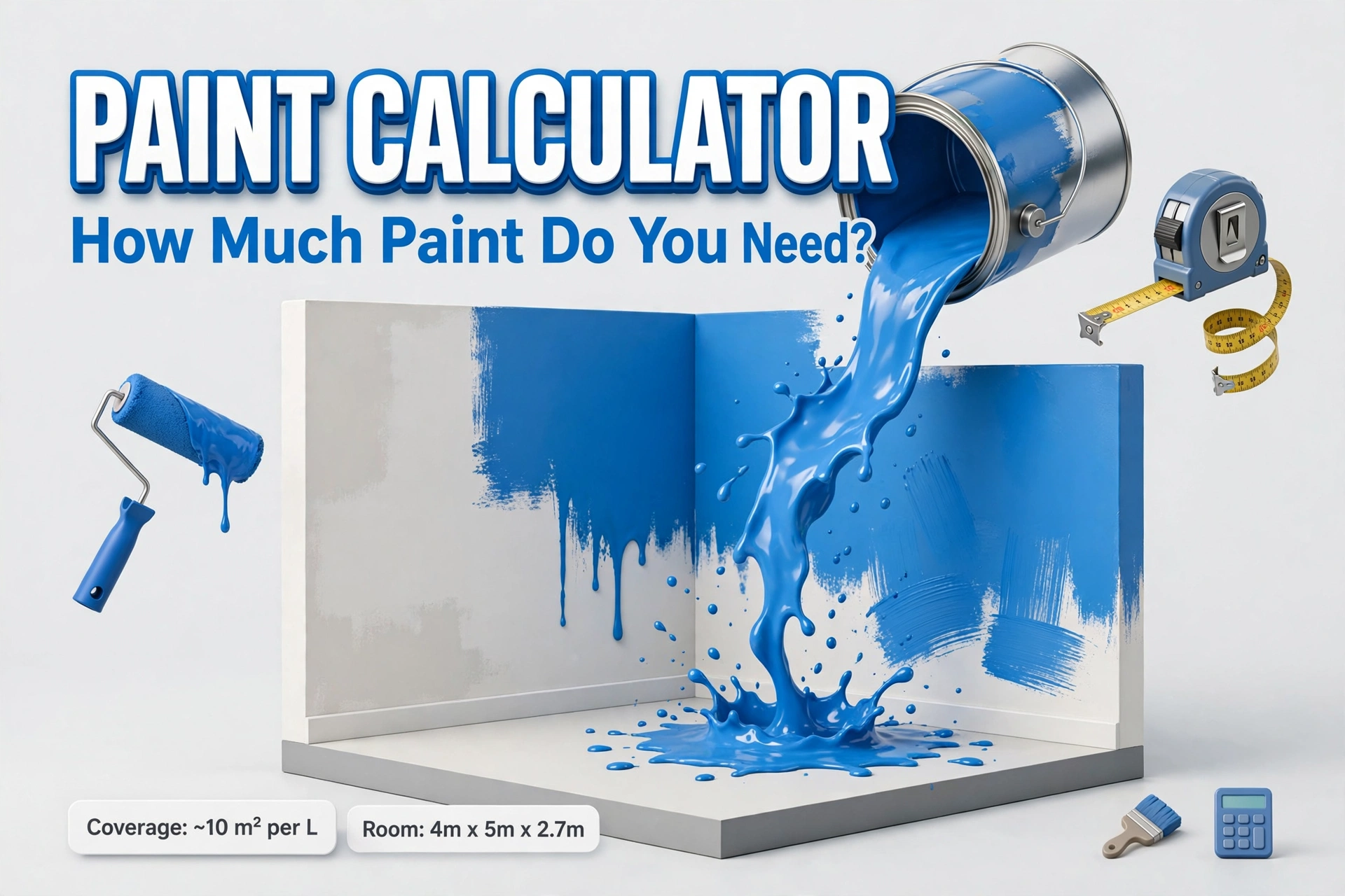 3D hero illustration for the paint calculator: a floating paint can pouring blue paint over a room section with the text PAINT CALCULATOR — How Much Paint Do You Need? and a tape measure and paint roller