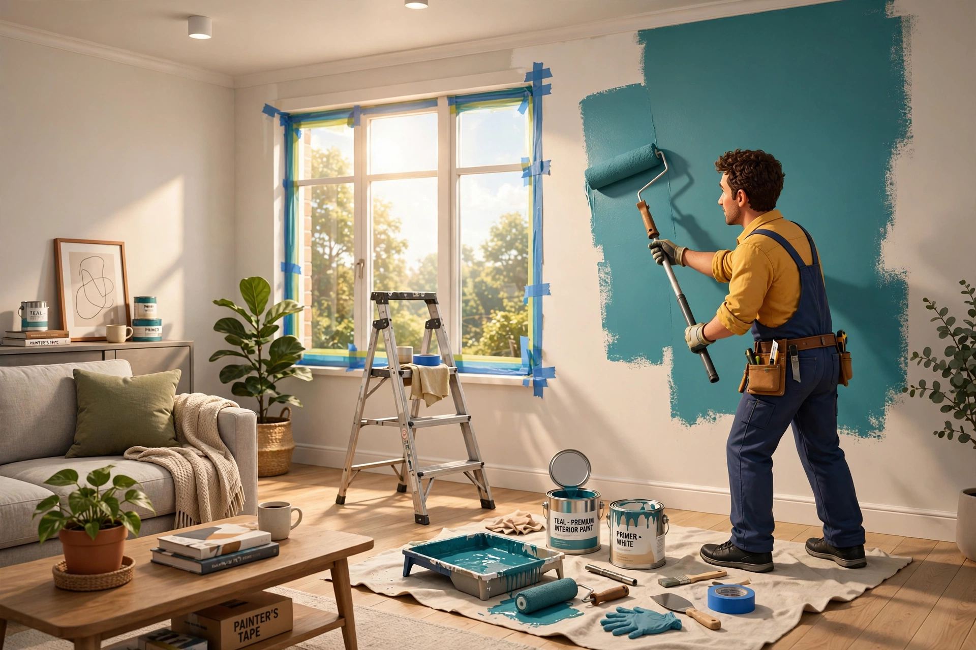Illustration of a person rolling a fresh coat of teal paint onto an interior wall with a paint roller, paint tray and open cans on a drop cloth below