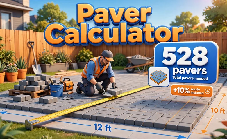 3D-style hero illustration of a worker laying concrete pavers on a 12 ft by 10 ft patio with a measuring tape, Paver Calculator text, a 528 pavers badge and a plus 10 percent waste badge