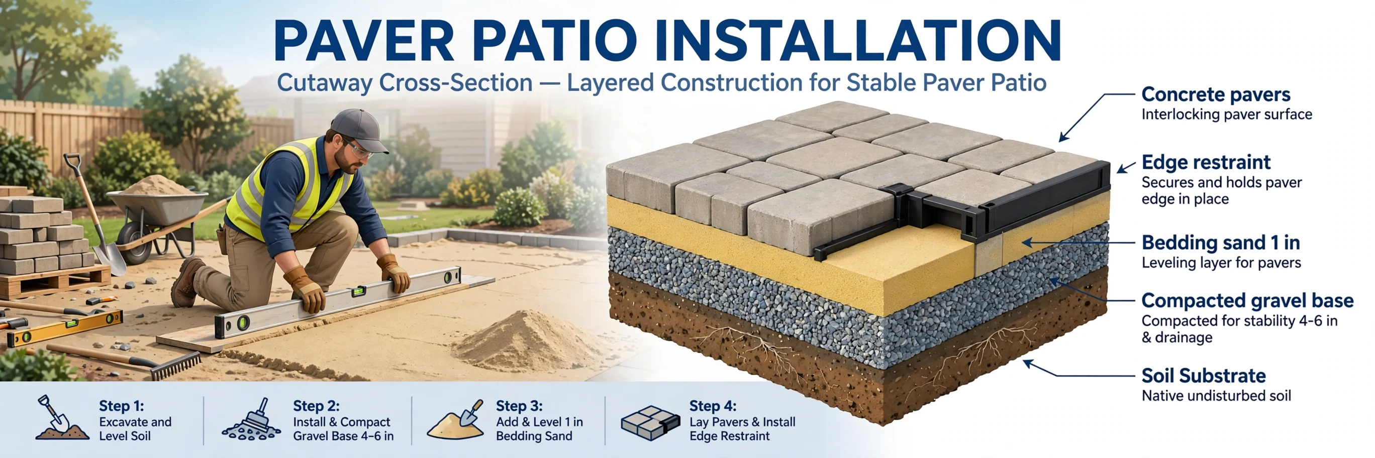 3D cutaway illustration of paver patio layers: compacted gravel base, bedding sand, pavers and edge restraint with labeled depth callouts