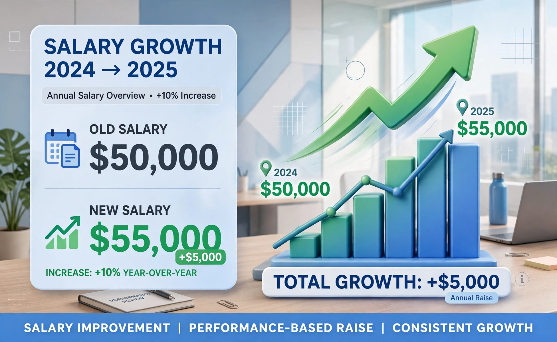Pay raise hero: salary going up, old $50,000 to new $55,000 labeled