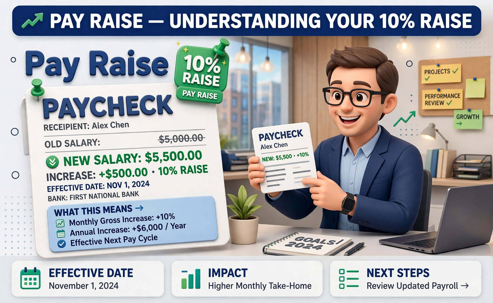 Pay raise second hero: paycheck with raise percentage badge