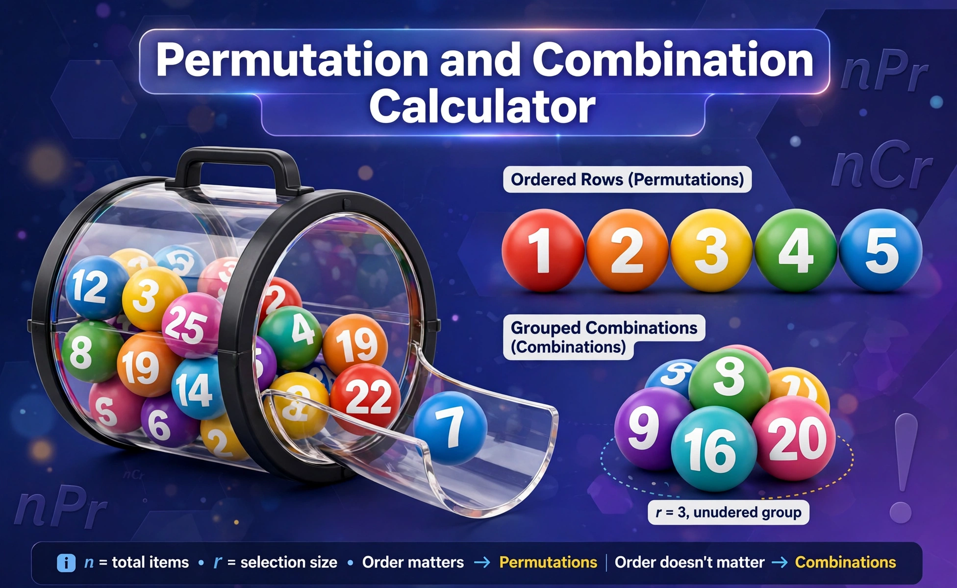 3D-style illustration of colorful numbered balls being drawn from a lottery drum, some in ordered rows and some grouped, with Permutation and Combination Calculator text