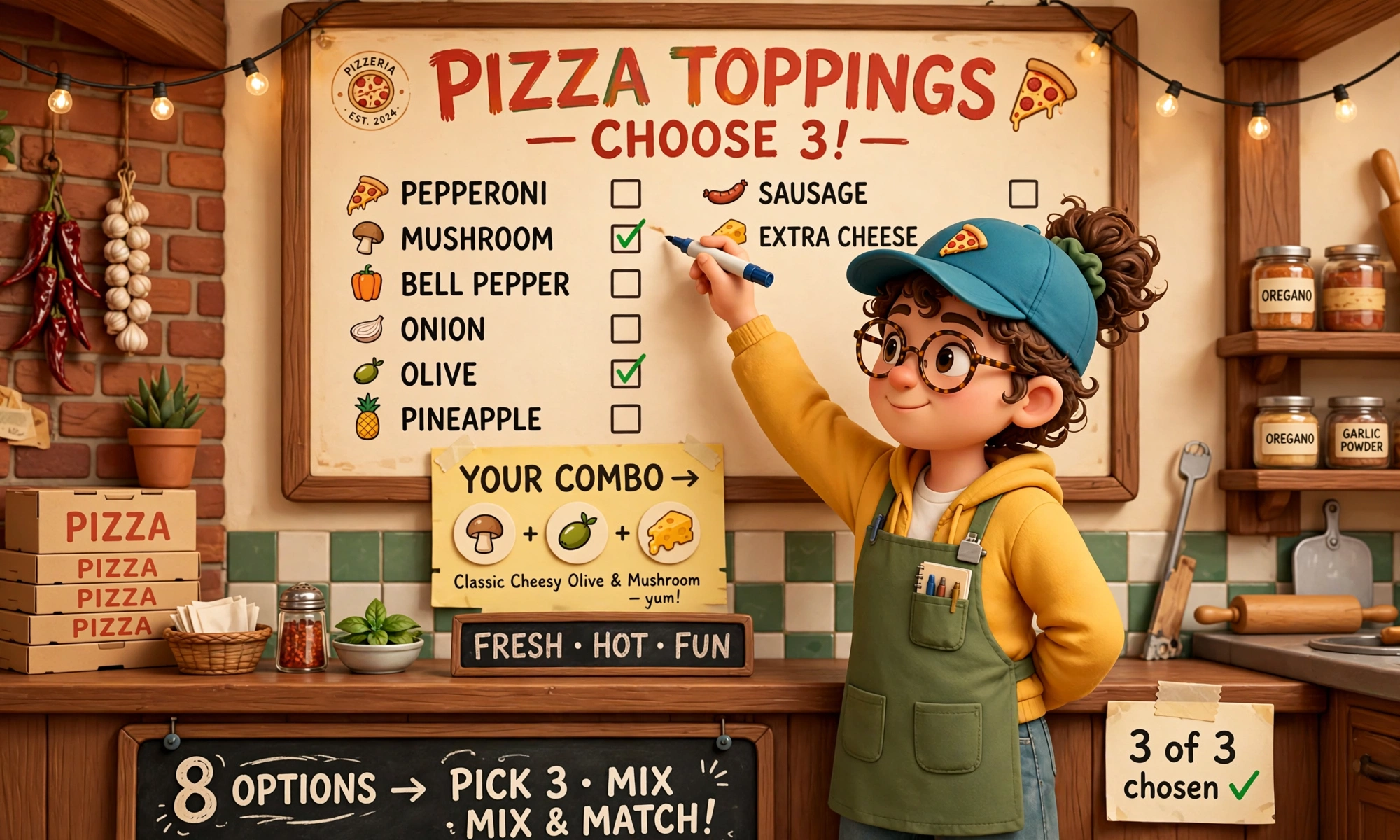 3D scene of a person choosing 3 pizza toppings from 8 options on a menu board in a pizzeria