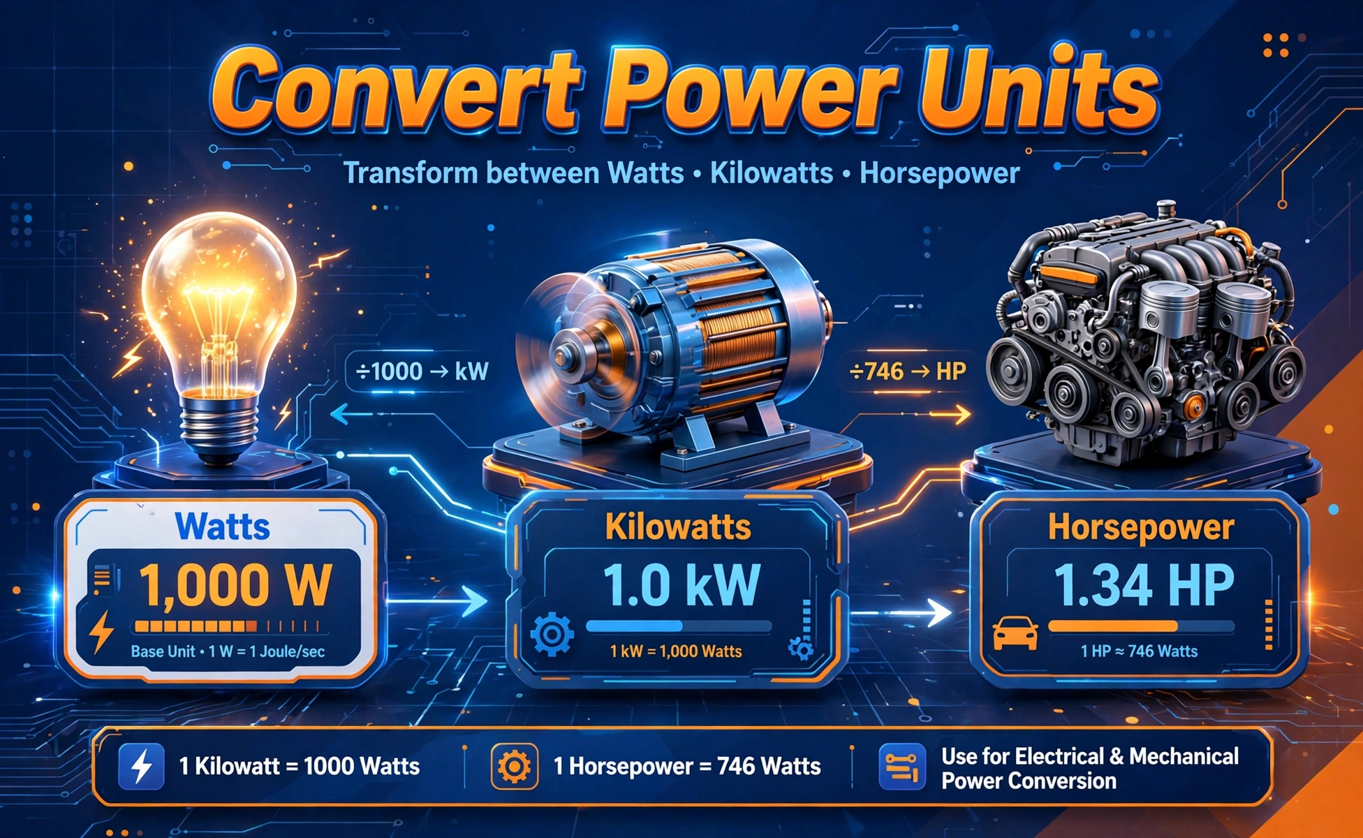Power converter hero: light bulb, electric motor and engine gauges labeled Watts, Kilowatts and Horsepower
