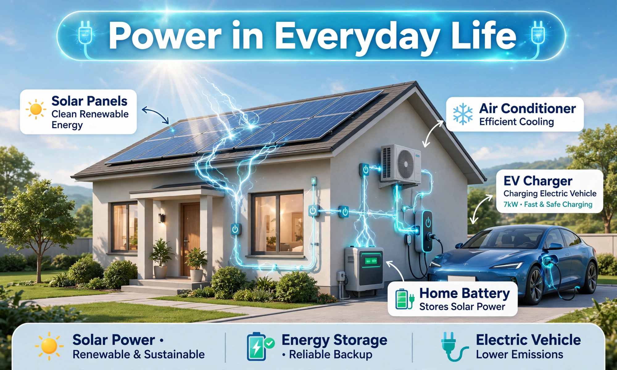 Power converter second hero: a home with solar panels, an air conditioner and an electric vehicle charging