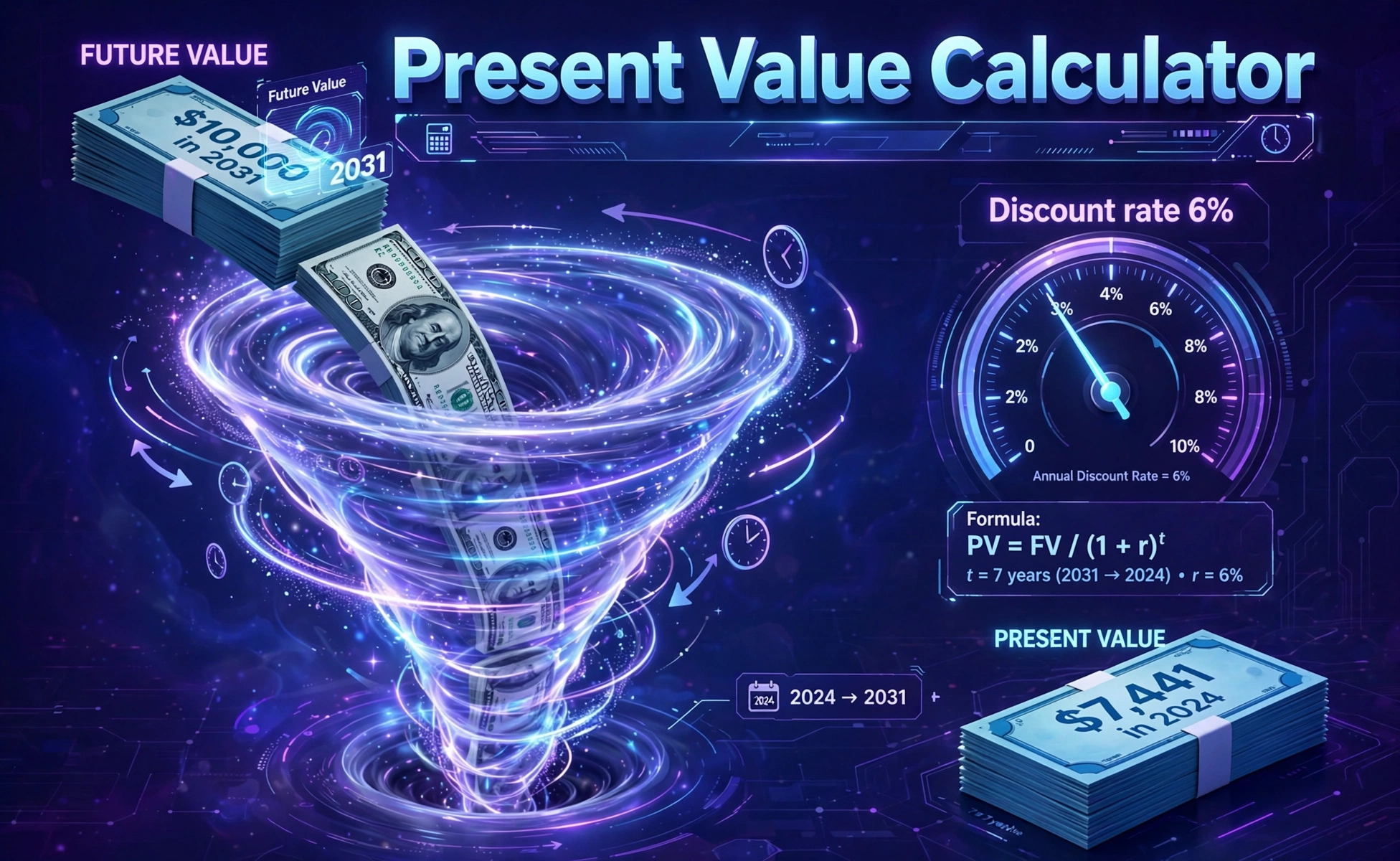 3D-style illustration of a glowing time funnel turning future dollar bills labeled $10,000 in 2031 into present dollars, with a discount rate dial and Present Value Calculator text