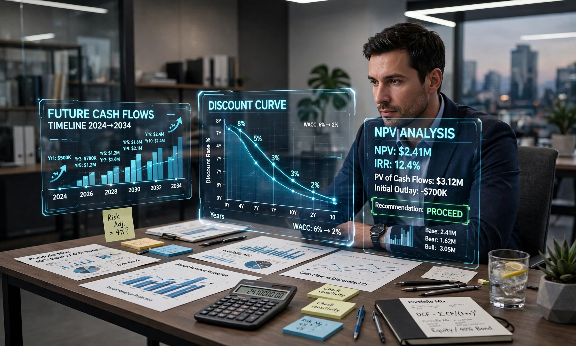 3D scene of an investor at a desk comparing future cash flows on holographic timeline screens with a calculator